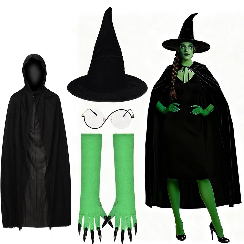 NEW Witch Costume 5 piece Set with Green gloves + glasses Wicked Elphaba themed